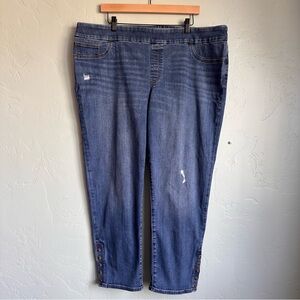 Chico's Blue Distressed Pull On Jegging Ankle Jeans Bronze Ankle Button 18R EUC